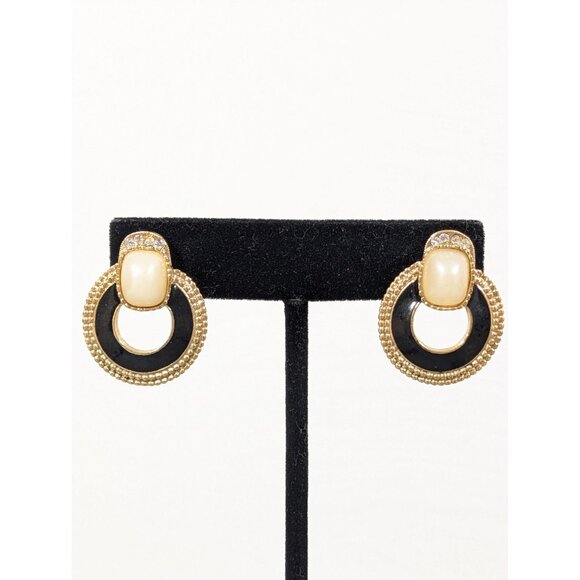 Vintage 1928 Faux Pearl Door Knocker Earrings Black Enamel Gold Tone Rhinestone - Picture 1 of 6